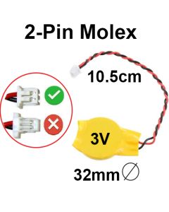 CMOS / BIOS 3V Battery 2-Pin Molex Connector 10.5CM Wire